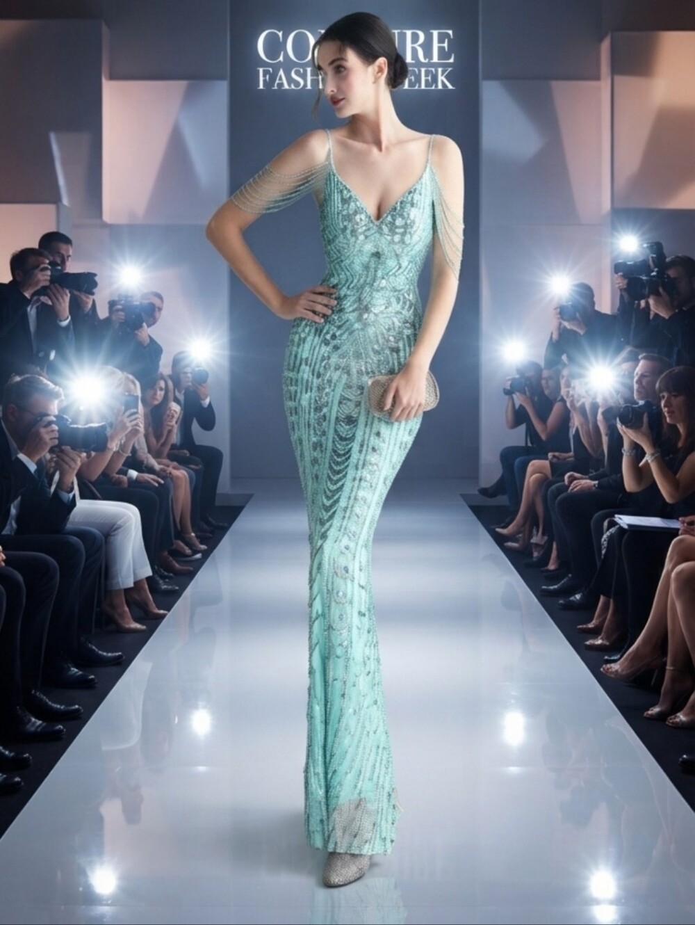 Mint Blue, V Neck,  Sleeveless,  Strapless,  Draped Beads, Sequined Merm…